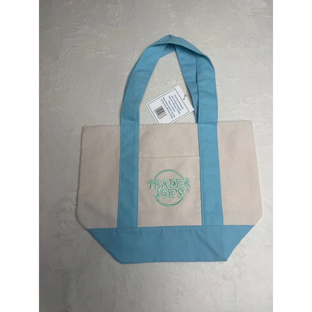 Trader Joes Mini Pastel Canvas Tote Bag Light Blue Cream New With Tags